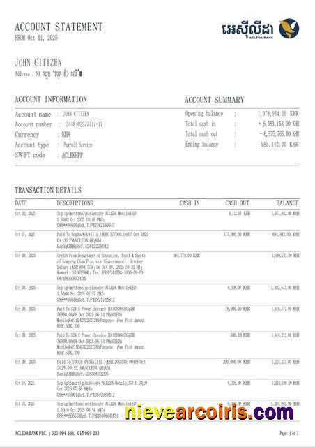 Cambodia ACLEDA Bank account statement Word and PDF, version 2